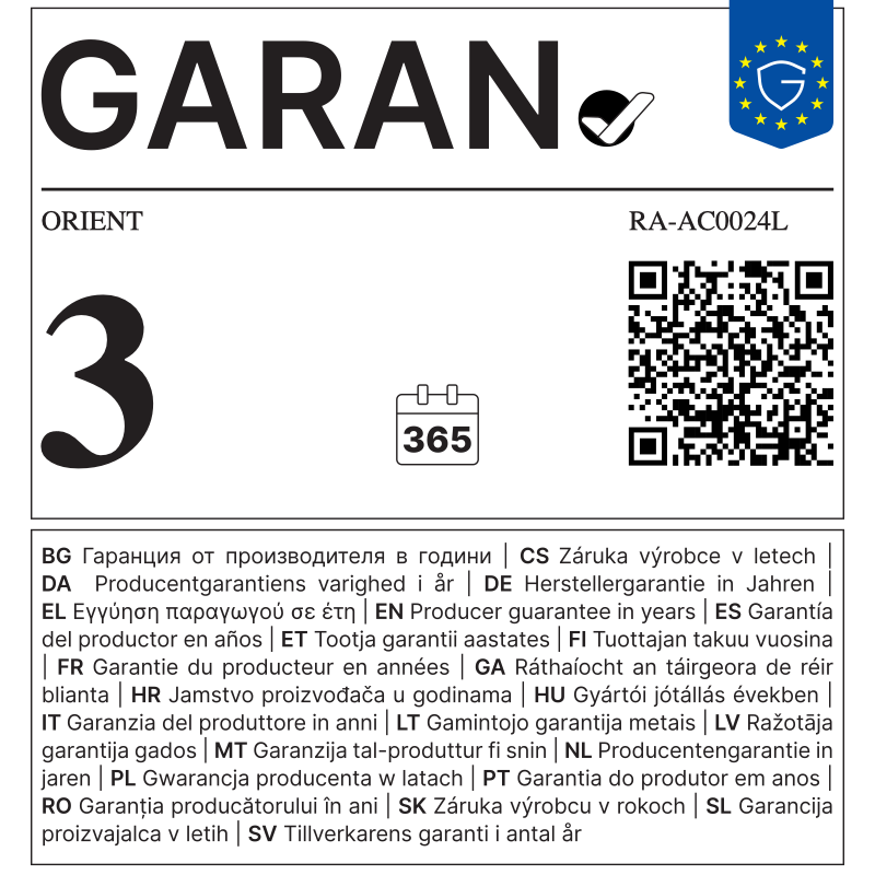 EU GARAN label - ORIENT RA-AC0024L - 3 year producer guarantee of durability