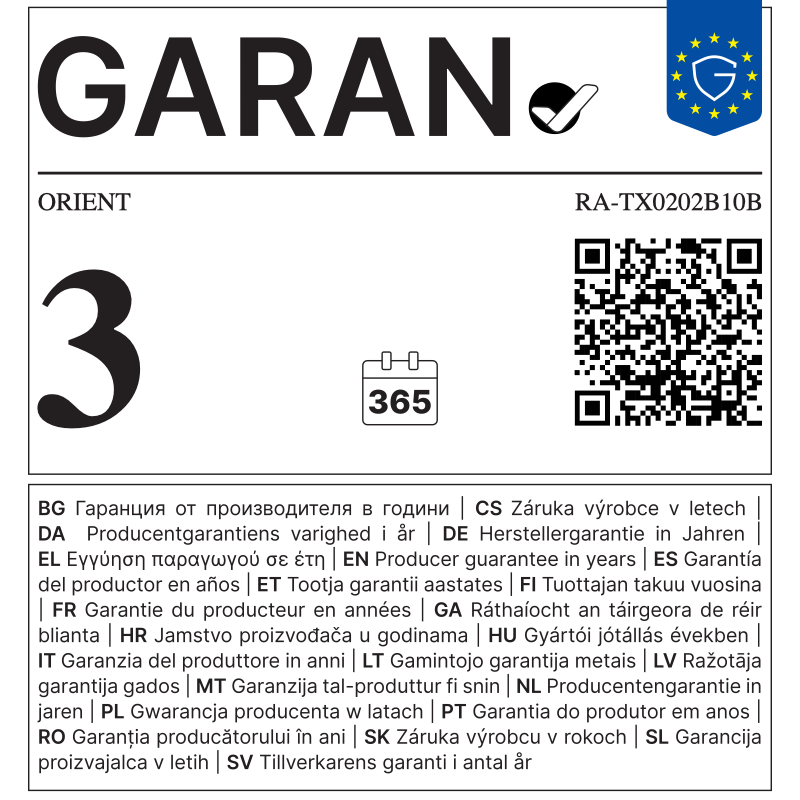 EU GARAN label - ORIENT RA-TX0202B10B - 3 year producer guarantee of durability